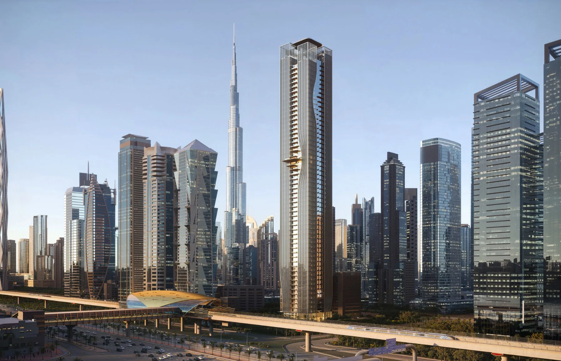 Berkeley Tower by Ellington on Sheikh Zayed Road with Burj Khalifa behind, Business Bay, Dubai